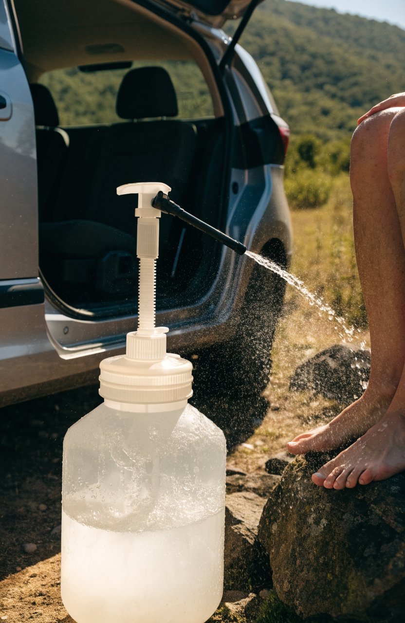 Pump garden sprayer used to rinse feet beside a car at a campsite