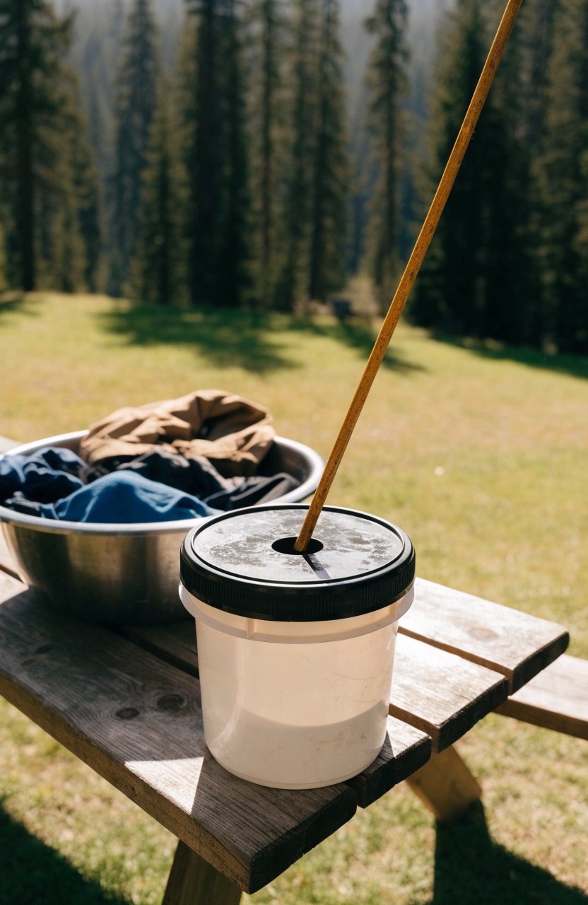 Bucket and plunger laundry washer on a picnic table at camp