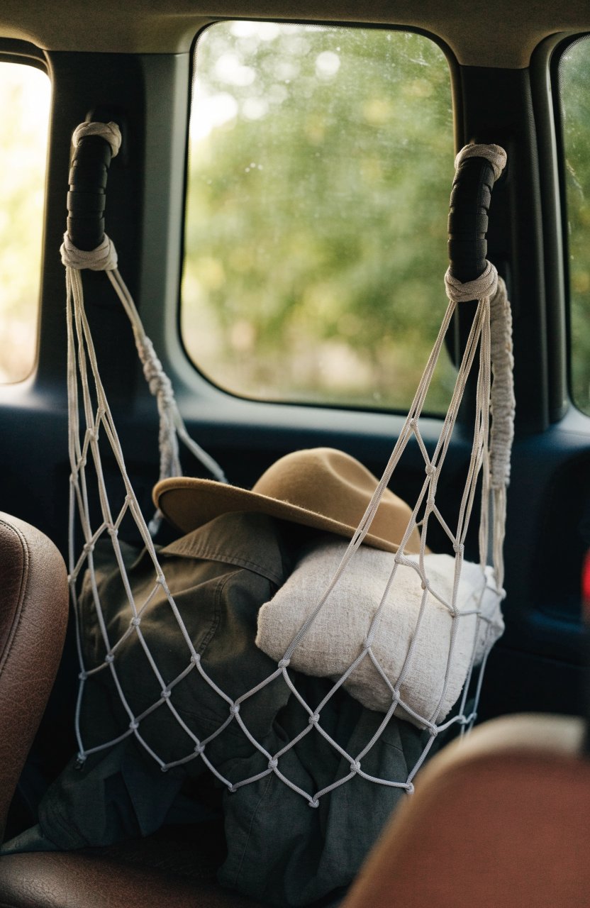 Paracord net between the rear grab handles of a car holding a jacket and hat