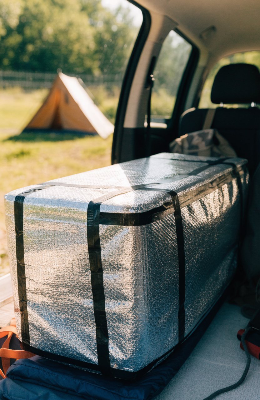 Cooler wrapped in a reflective insulation jacket in the back of a car