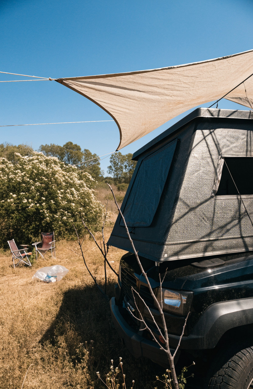 Rooftop tent shell shaded by tarp at sunny campsite