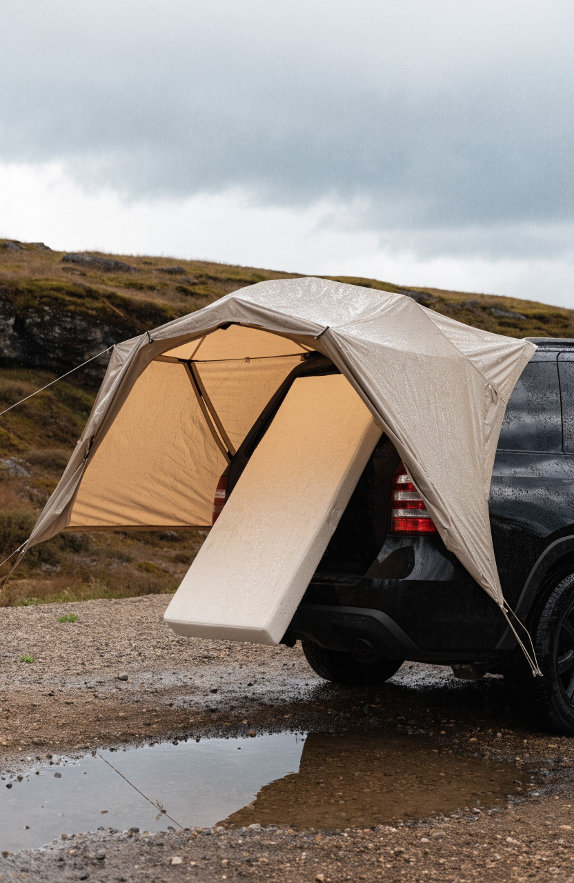 Open damp rooftop tent on SUV drying after rain