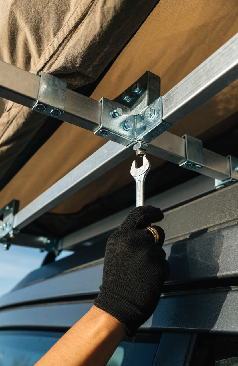 Close-up of rooftop tent mounting brackets and bolts on roof rack