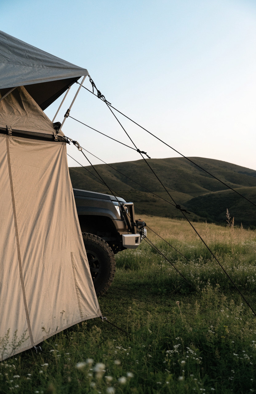 Rooftop tent annex with guylines staked in grass