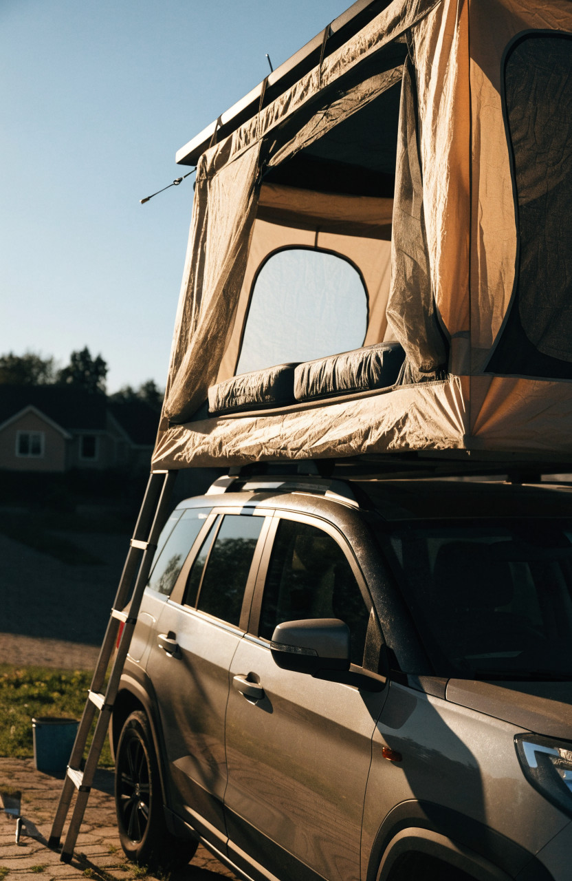 Open rooftop tent airing out on SUV in driveway