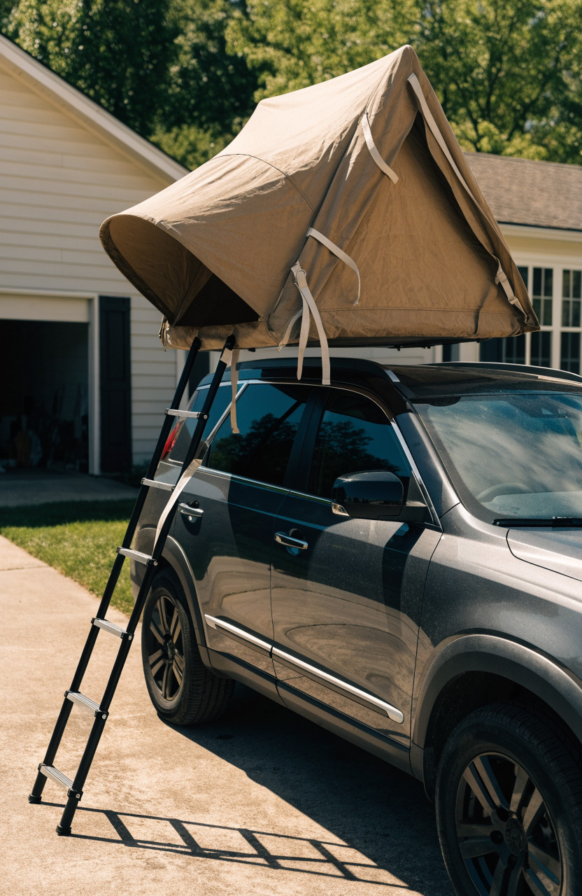 Open rooftop tent on SUV in sunny home driveway with ladder down