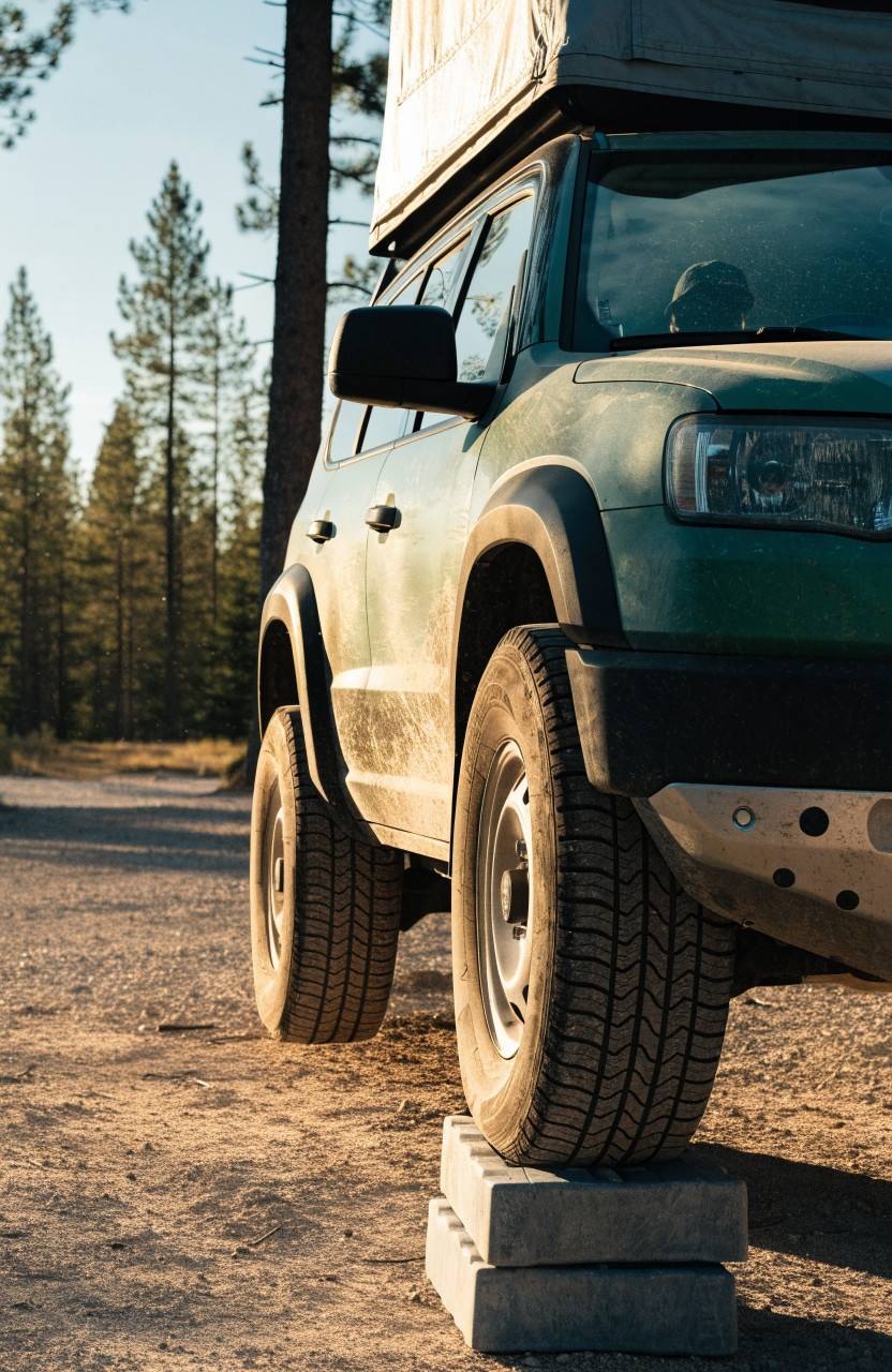 Overland vehicle with rooftop tent leveled on blocks under tires