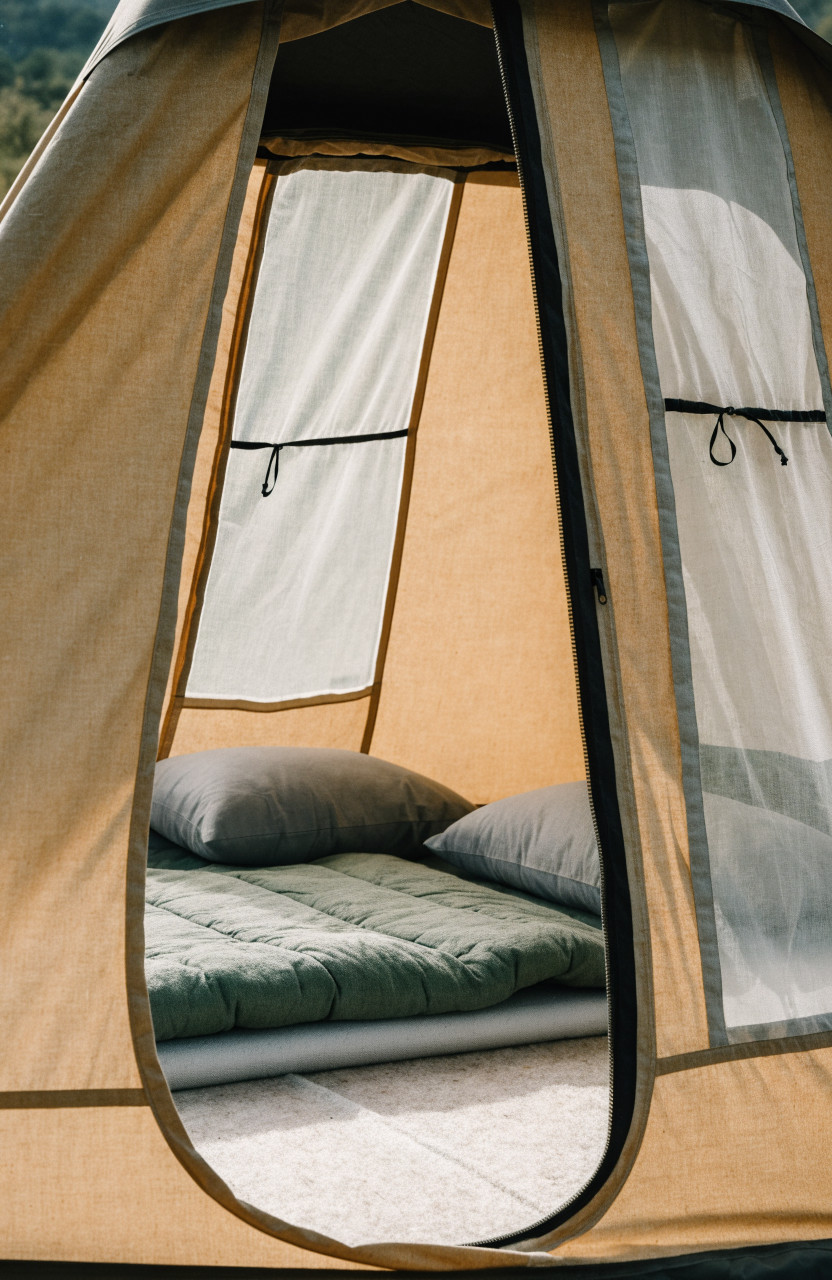 Compressed quilt and flat pillows inside open rooftop tent