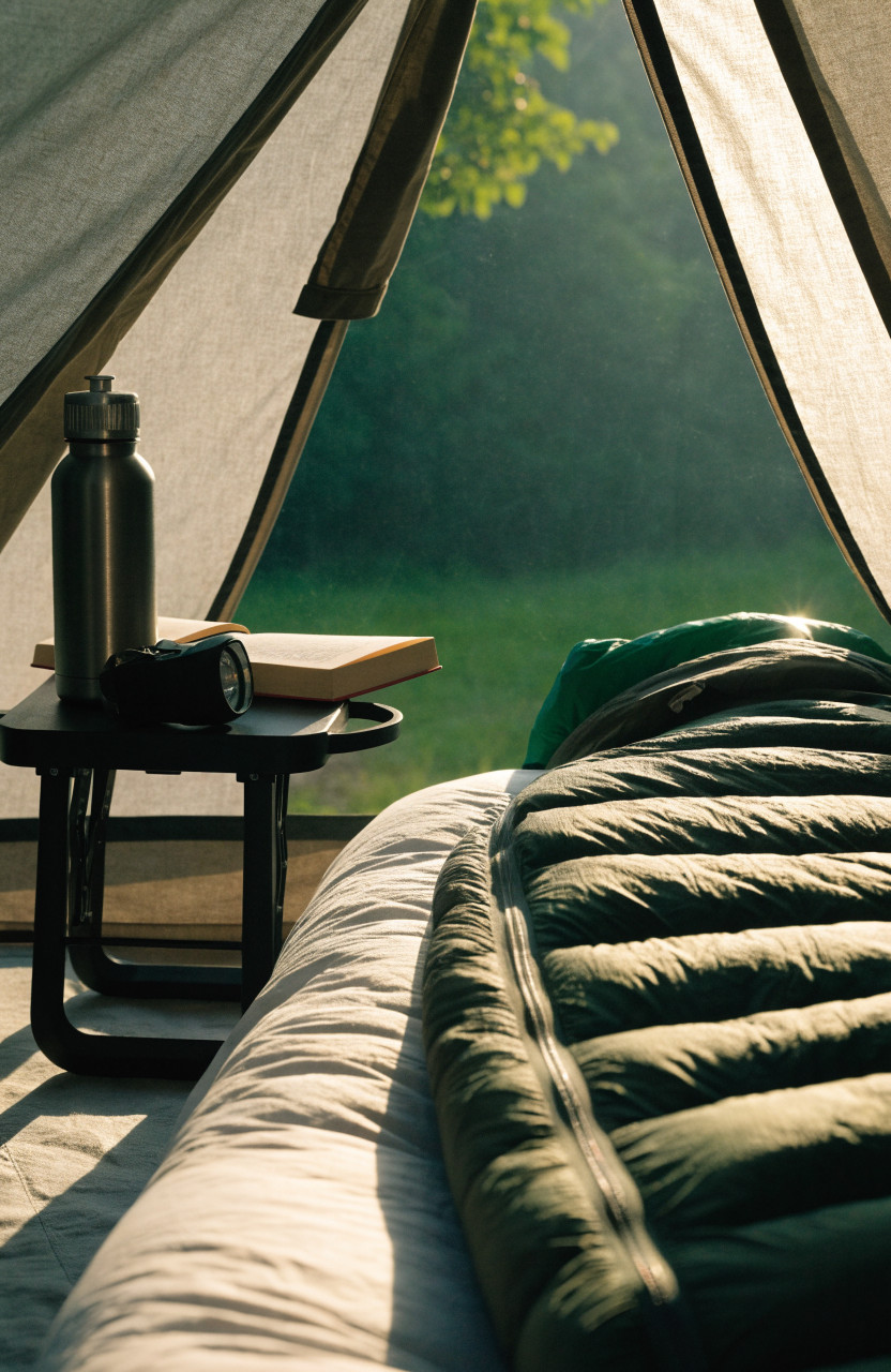 Small folding table as nightstand beside tent bed