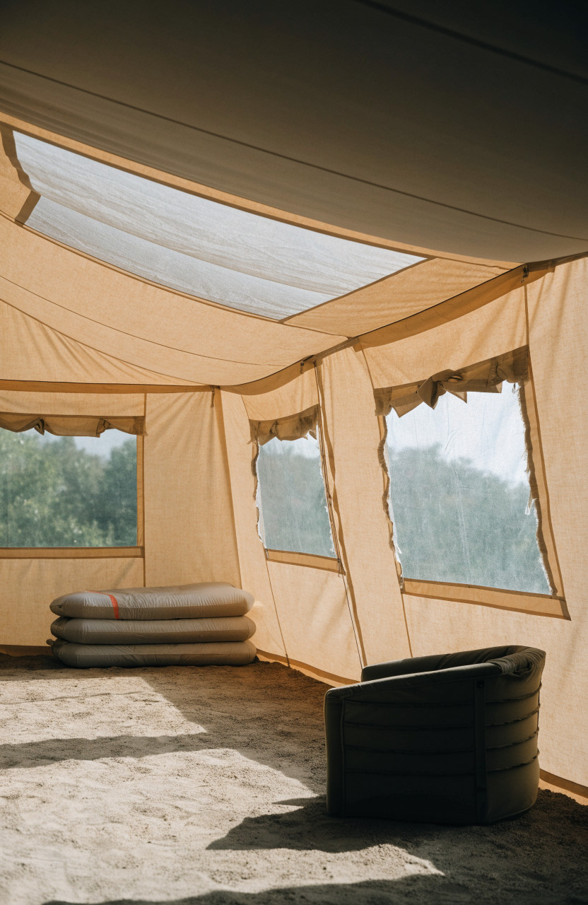 Single low chair inside spacious standing-height tent