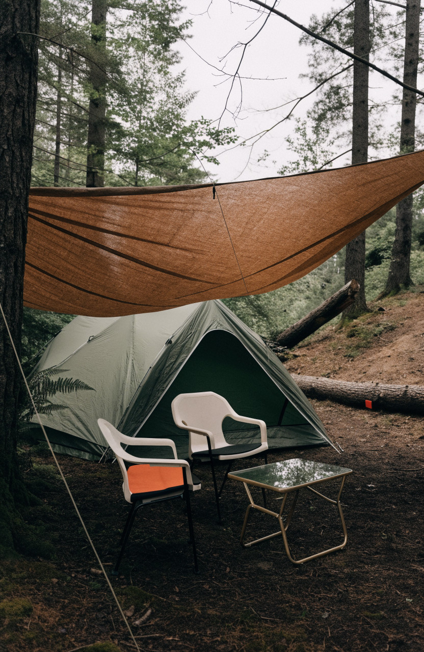 Tarp canopy porch with chairs outside tent door