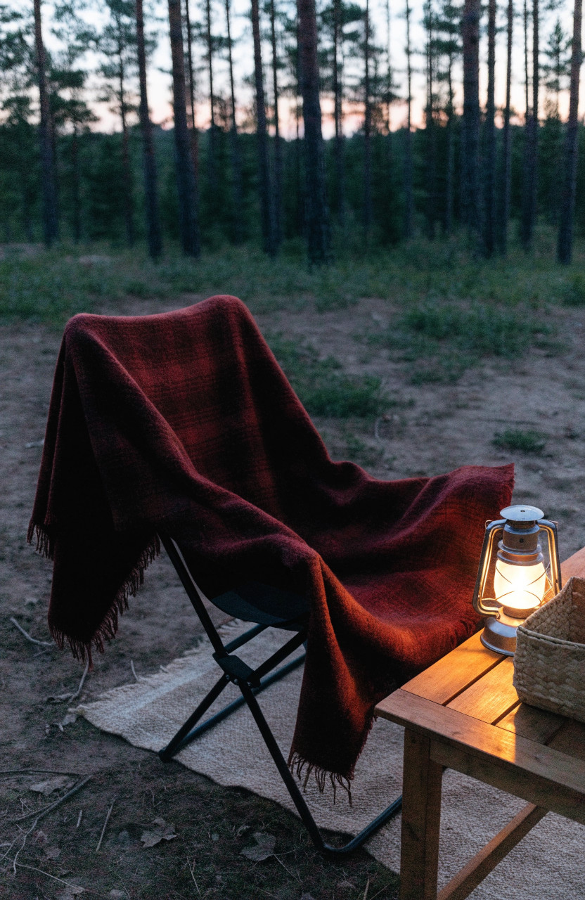 Camp chair with plaid blanket rug and lantern at campsite