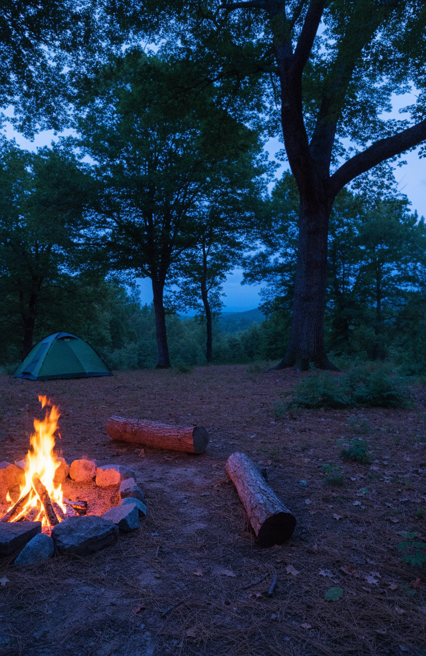 Campfire ring with seating set apart from tent at dusk