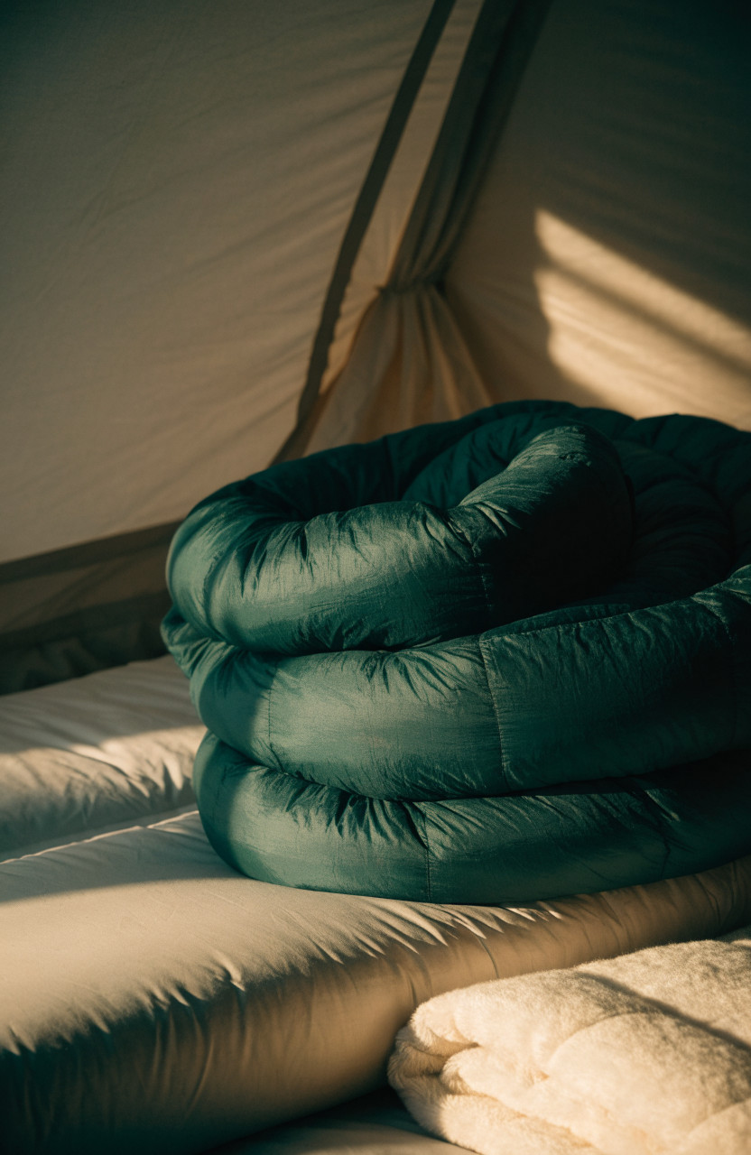 Folded cream fleece quilt on sleeping bag inside tent
