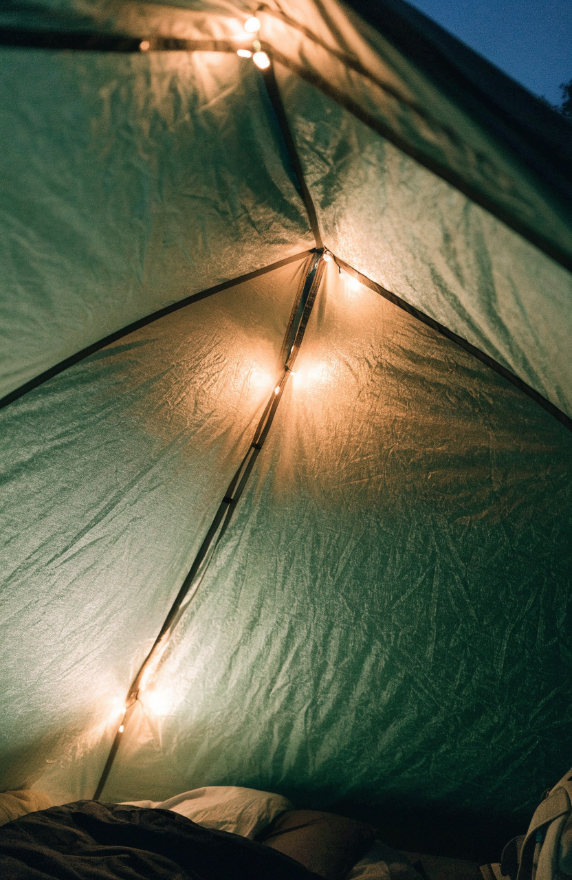 Warm string lights along ceiling seam inside tent