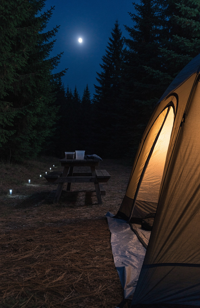 Low path lights leading from tent door to picnic table at night