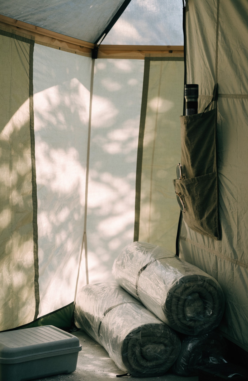 Tidy tent interior with hanging organizer and storage bin