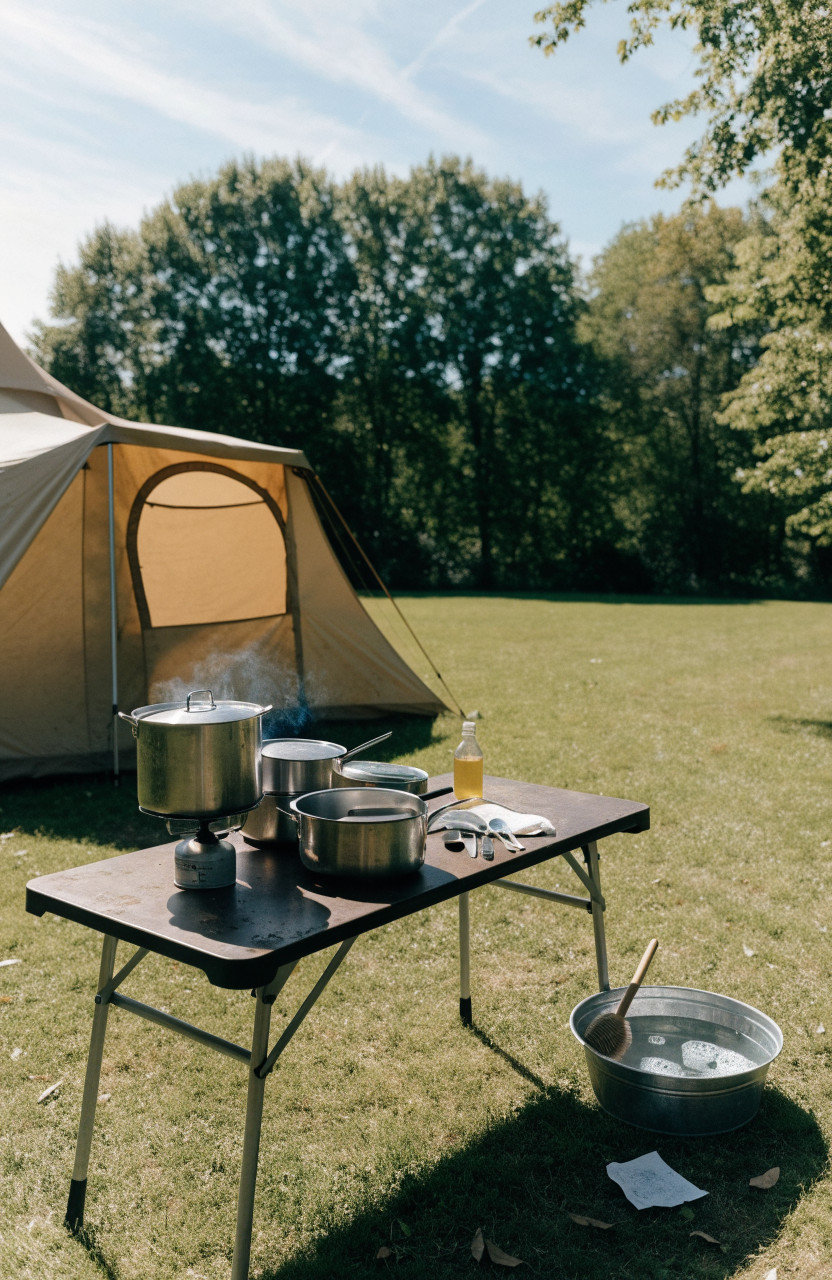 Camp kitchen table with stove set away from tent