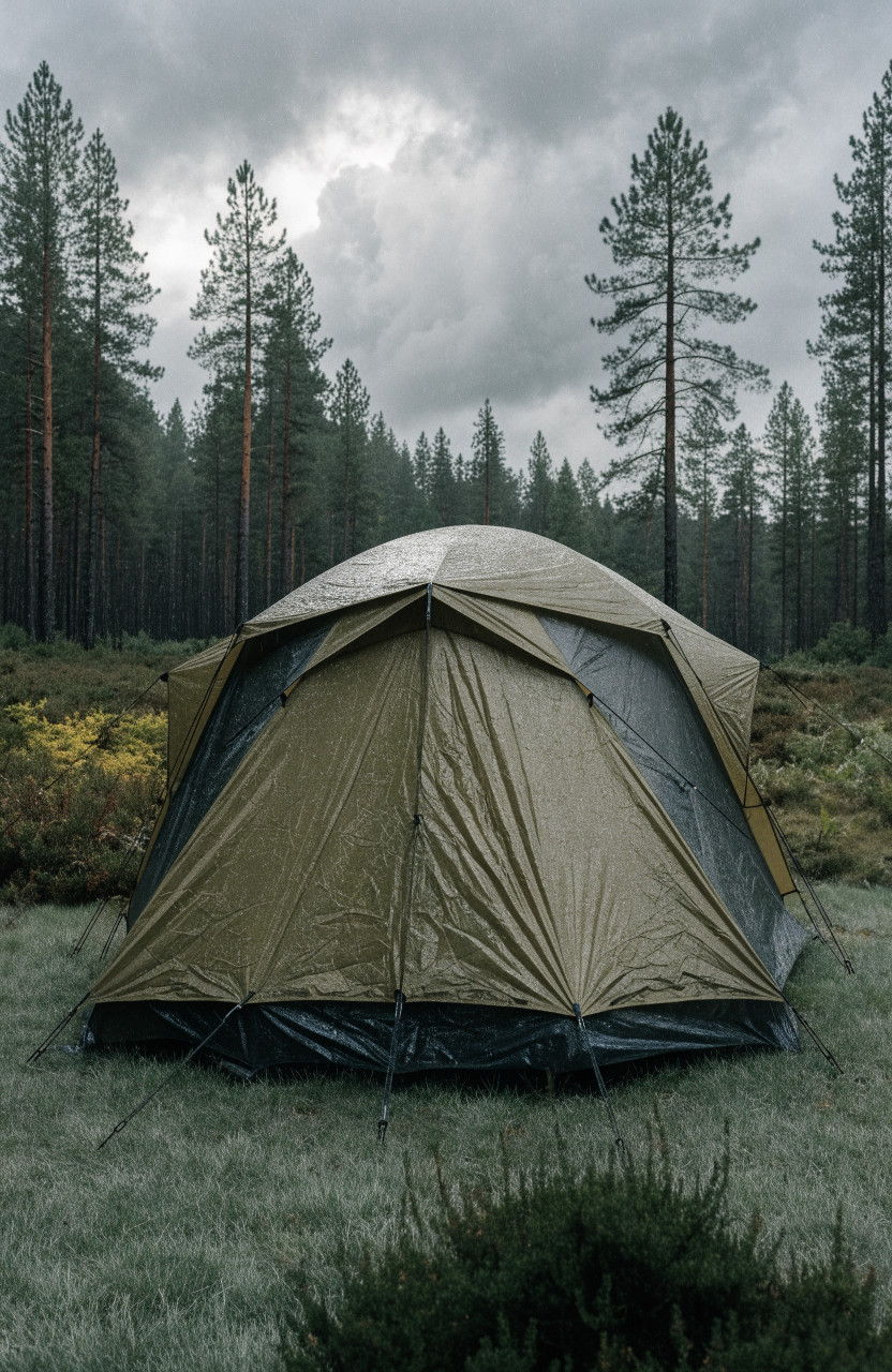 Family tent with taut rainfly and staked guylines