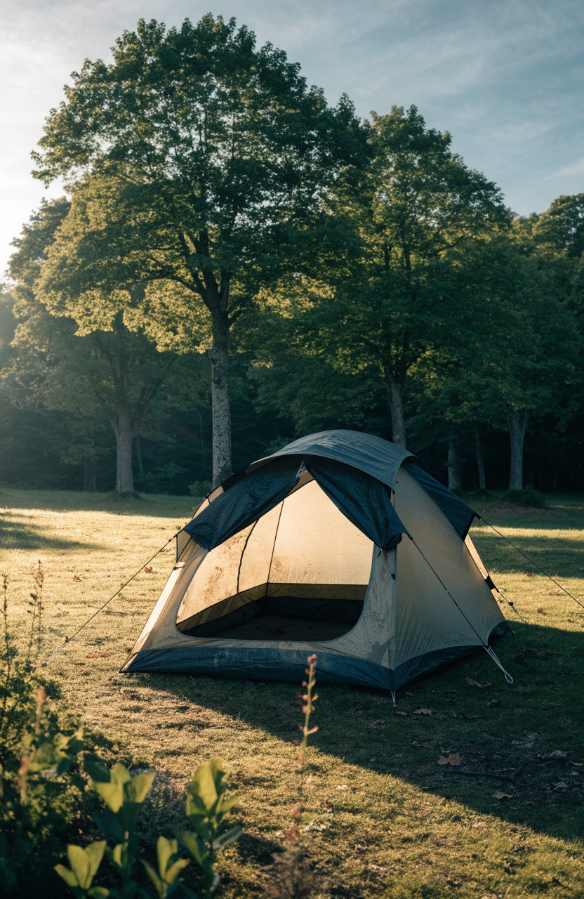 Family tent door facing sheltered trees in morning light