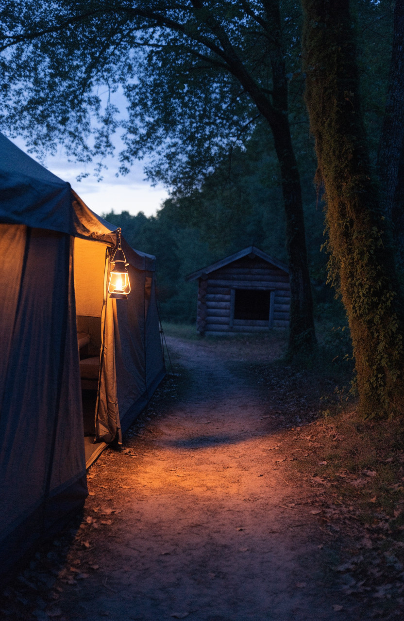 Tent at dusk with lantern lighting path to wash building