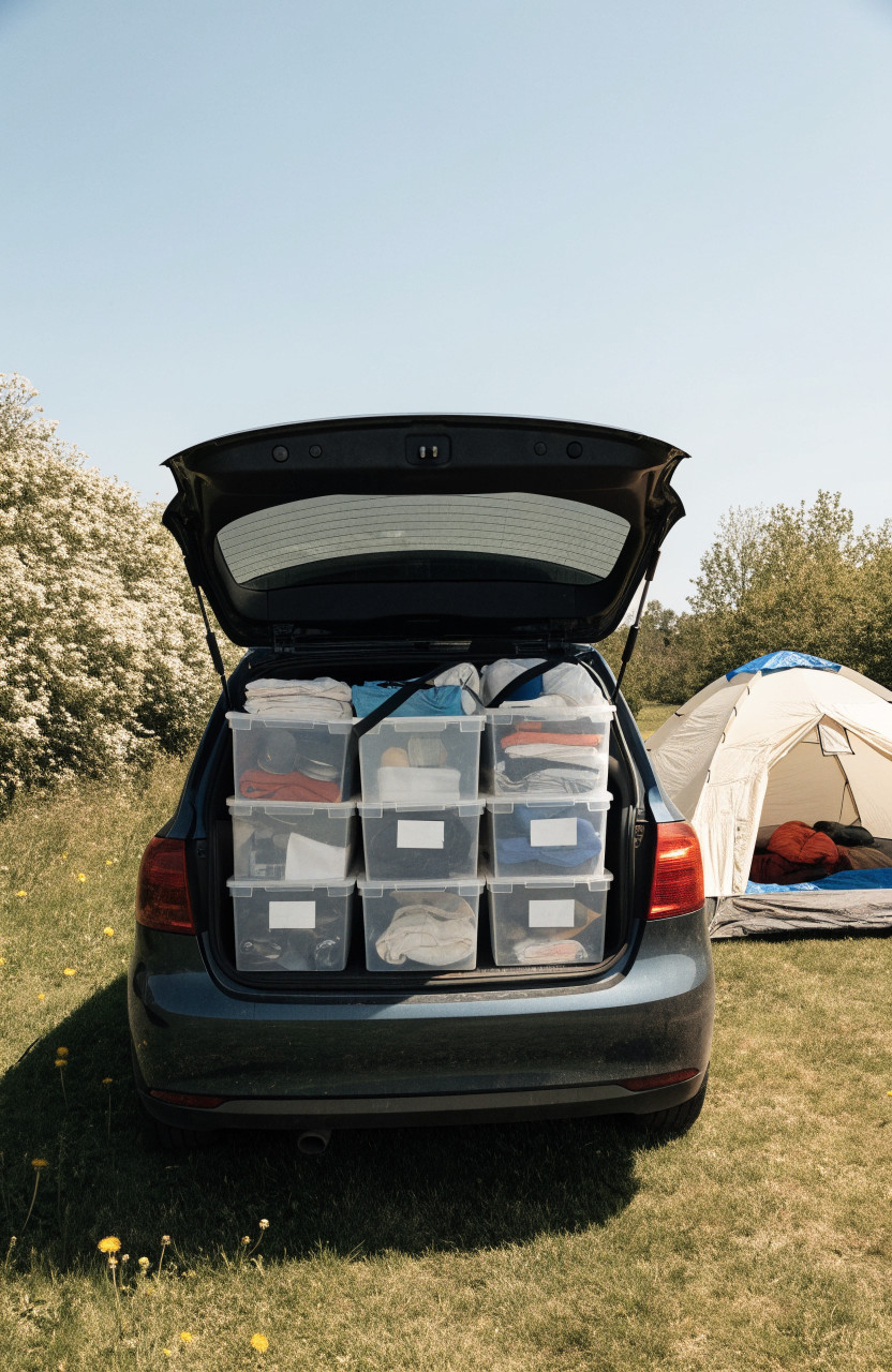 Car trunk with camping bins beside tent with sleep gear