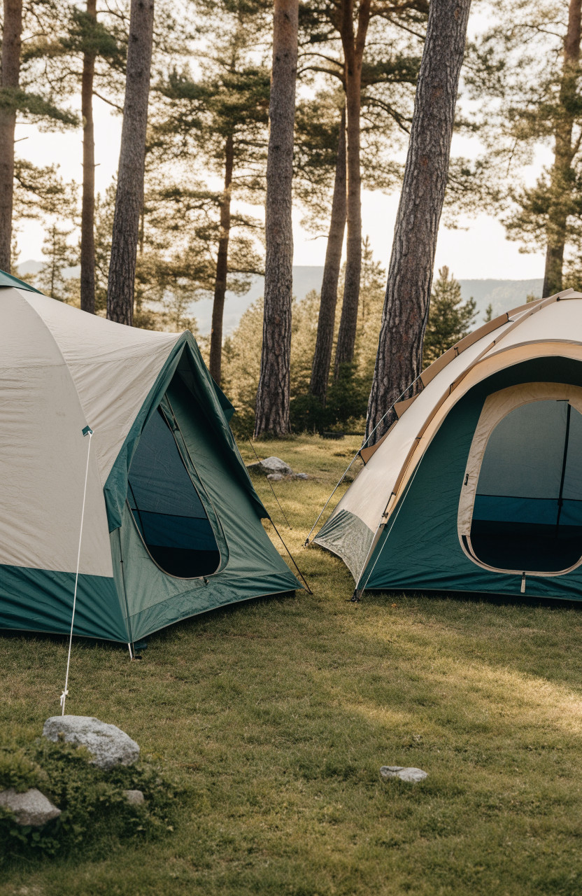 Two family tents with doors facing each other on grass