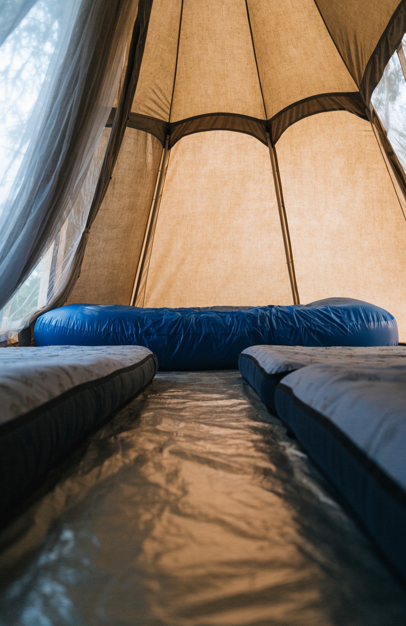 Tent interior with adult air mattress and kids sleeping pads