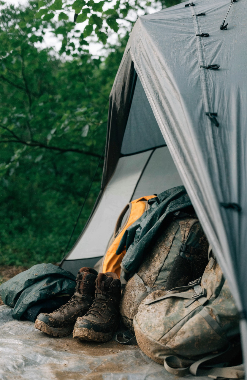 Tent vestibule with boots, backpacks and jackets stored