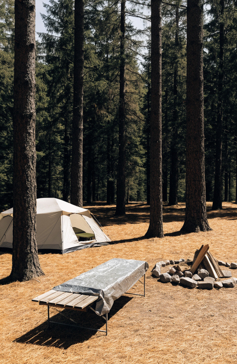 Campsite with tent, cook table and fire ring spaced apart