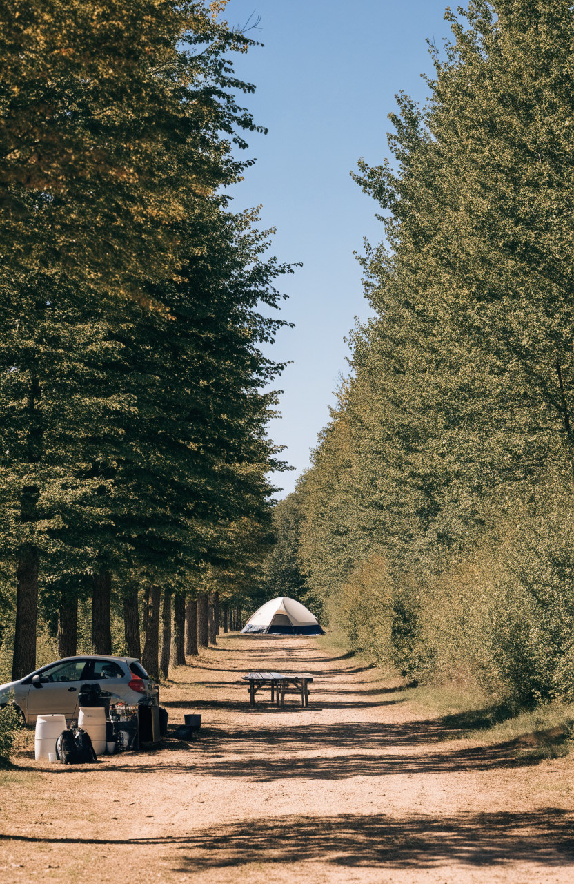 Narrow campsite with car, table and tent in a line