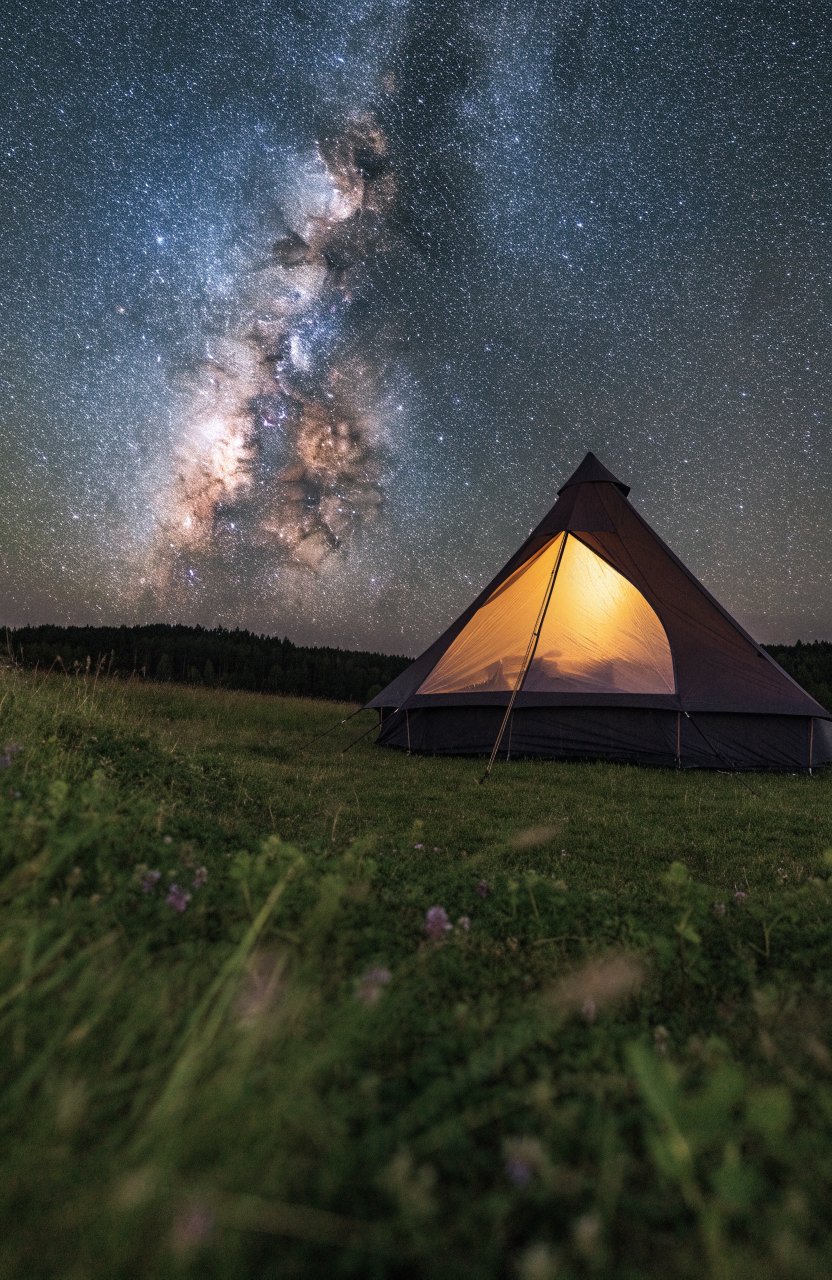 Canvas bell tent with a clear roof panel under a starry night sky