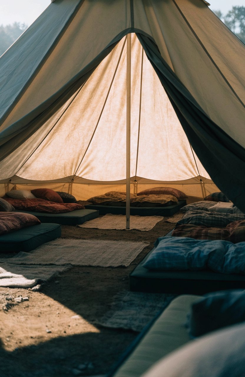 Large family bell tent with four beds around the edges and the center pole clear