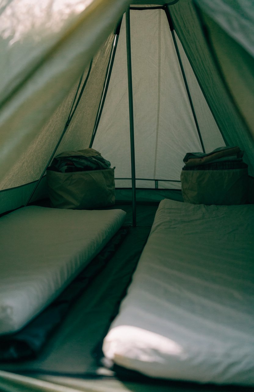 Soft packing cubes tucked in the corners of a two-person tent beside the sleeping pads