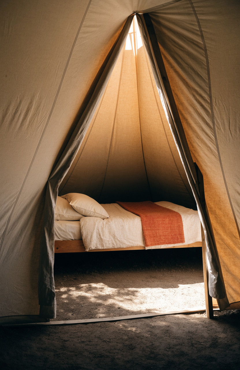 Queen bed against rear wall of bell tent with open center walkway