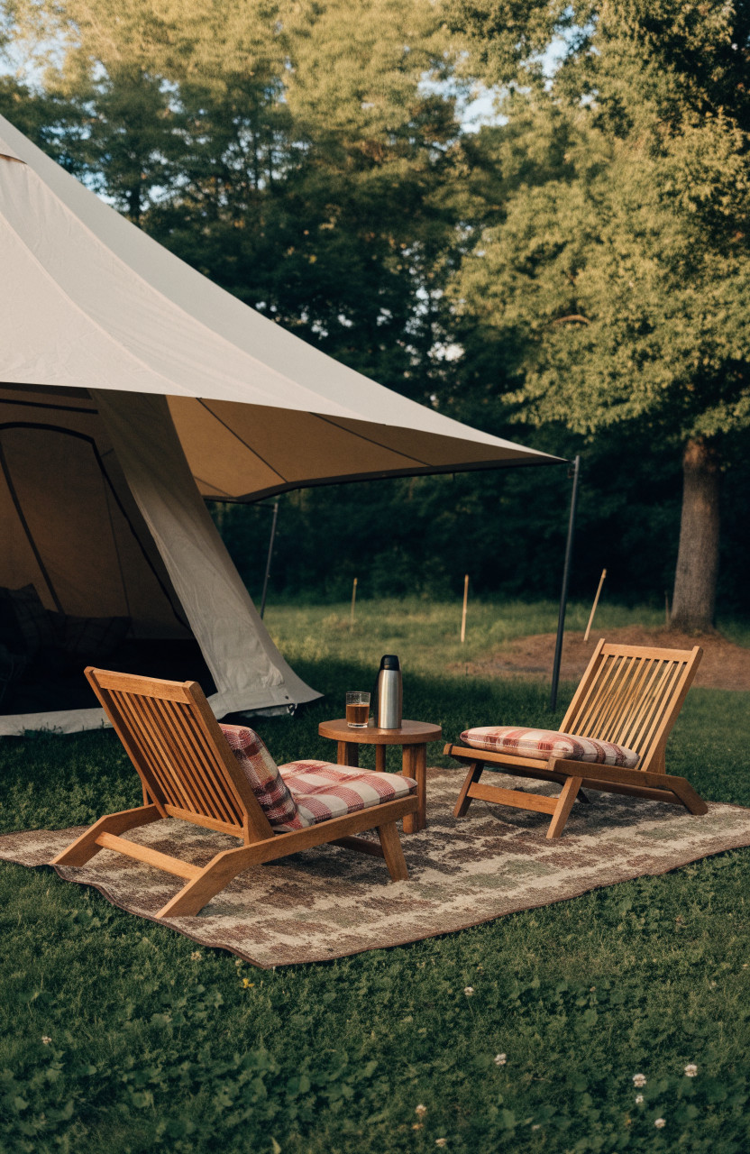 Awning lounge with low chairs, table and rug outside tent