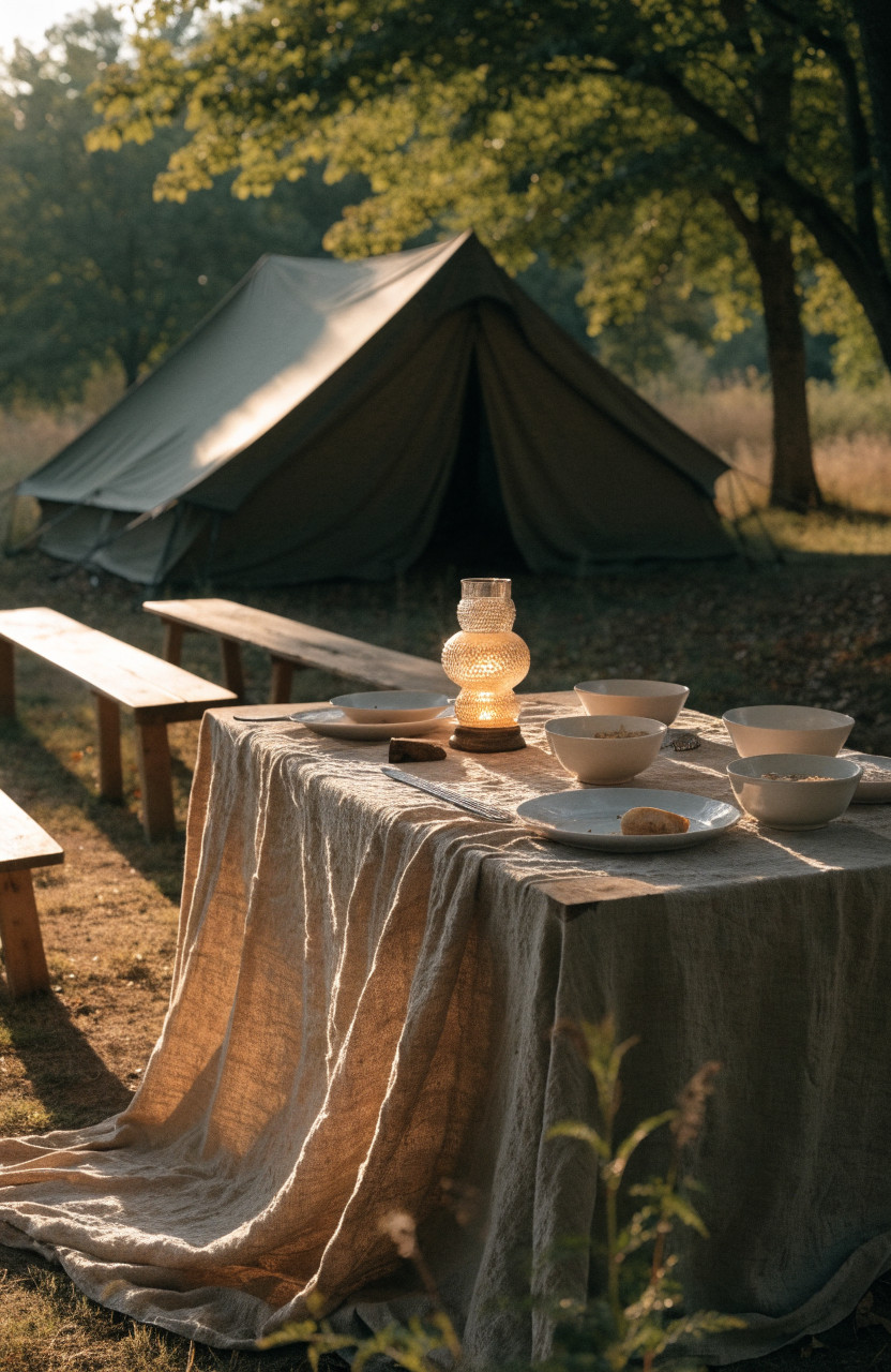 Camp table set with cloth, plates and lantern outdoors