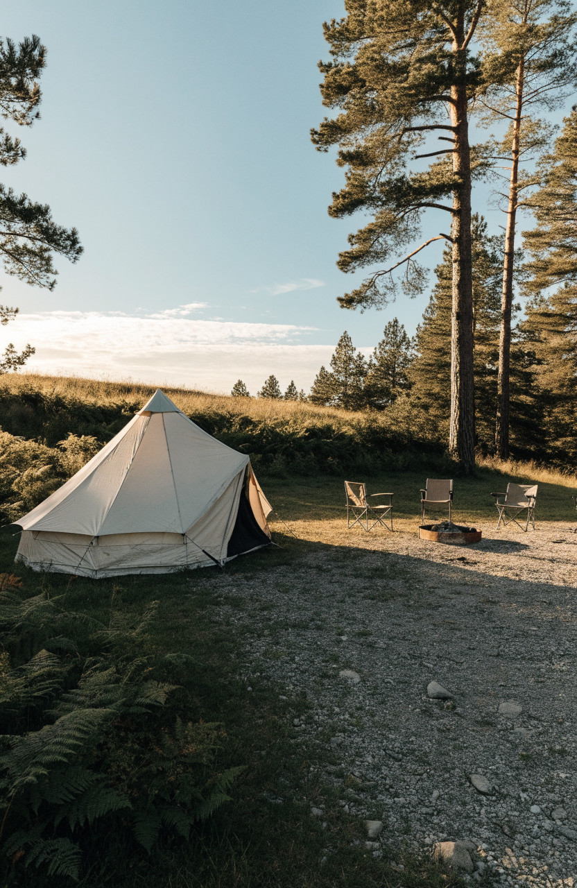 Campfire chairs set at safe distance from canvas tent