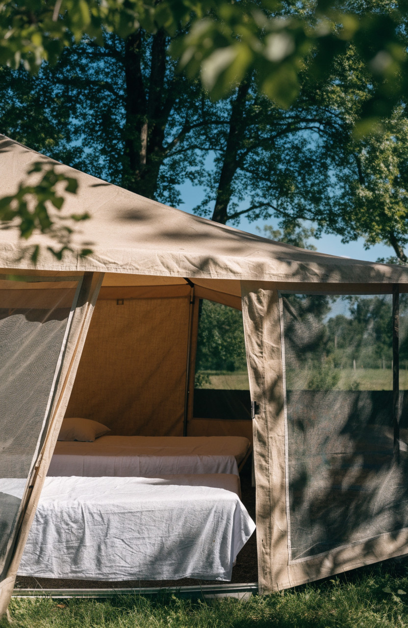 Shaded tent with open windows and cots for hot weather
