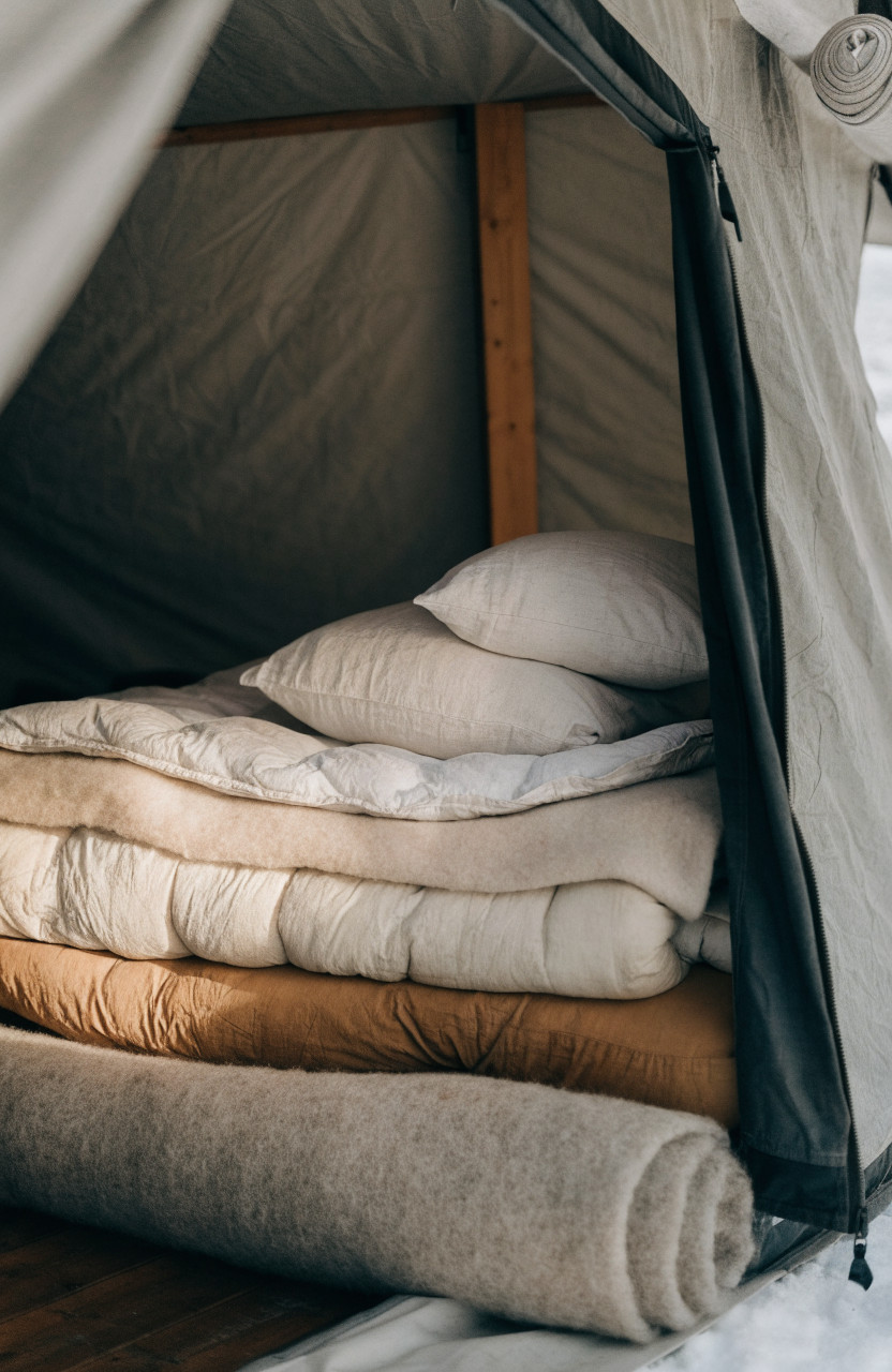 Winter tent interior with layered bedding and draft cushion