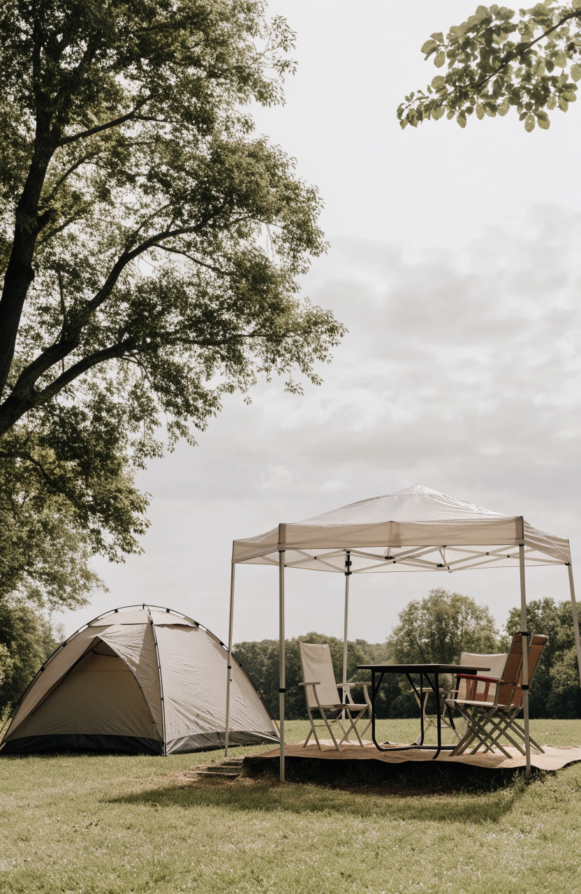 Sleeping tent paired with separate canopy living area