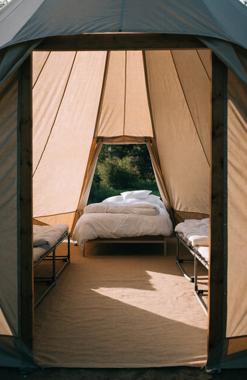 Bell tent interior with queen bed at back and two side cots