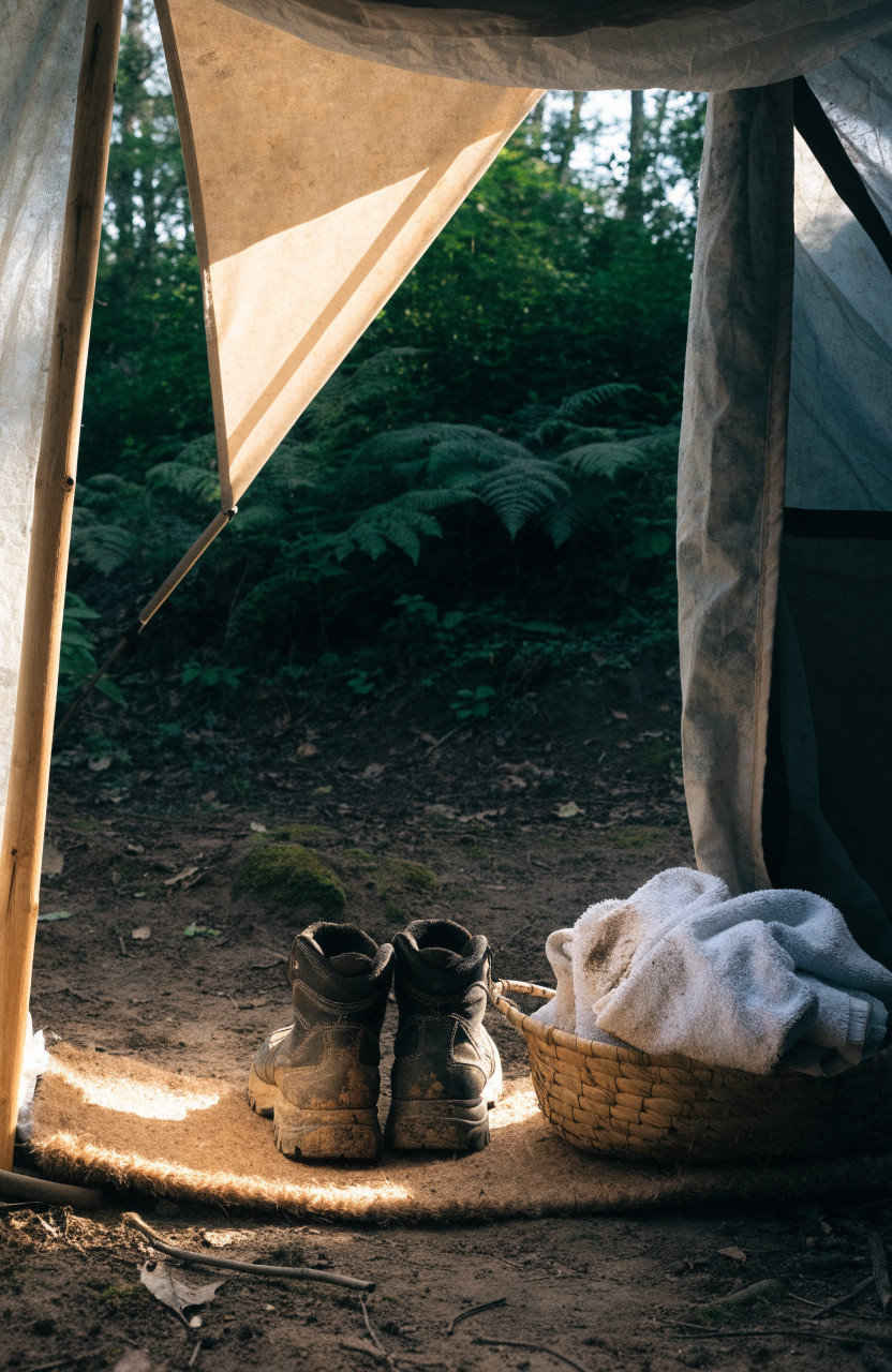 Tent doorway with boots, basket and towel on mat