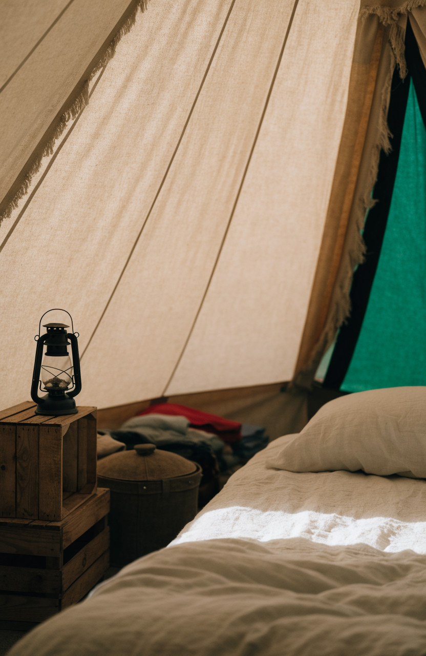 Wooden crates and bins used as nightstands by tent bed