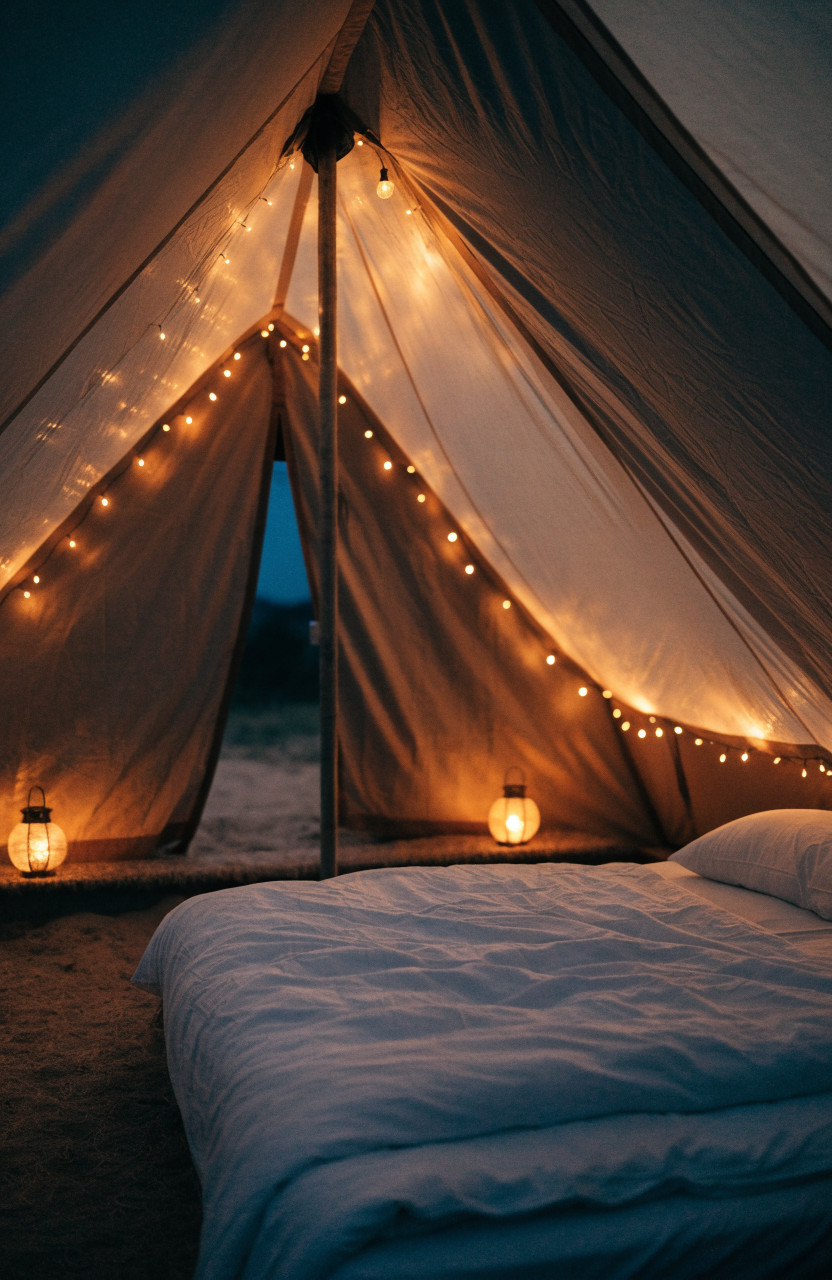 Bell tent interior glowing with string lights and bedside lanterns