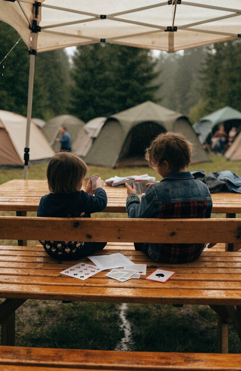 Canopy over a picnic table with cards and dry clothes during light rain at a family campsite