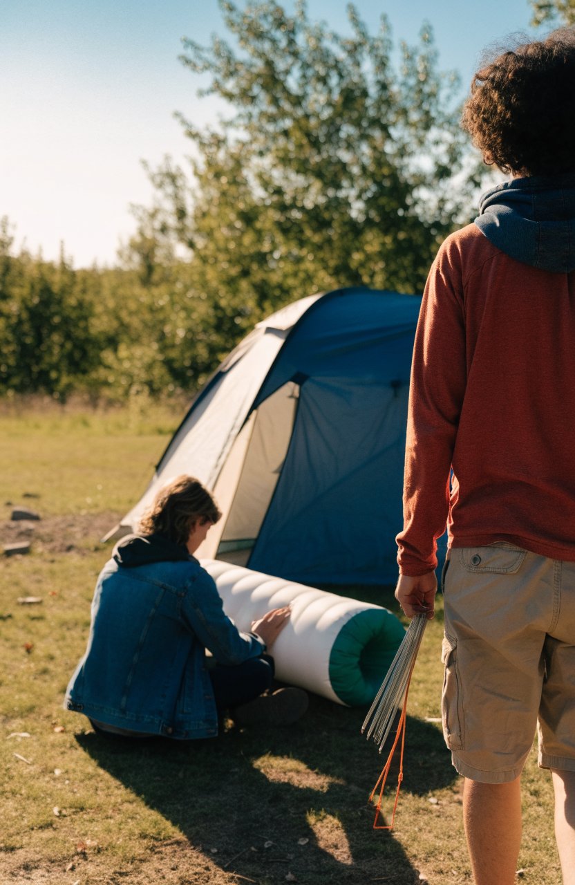 Children helping set up camp by carrying stakes and unrolling a sleeping pad