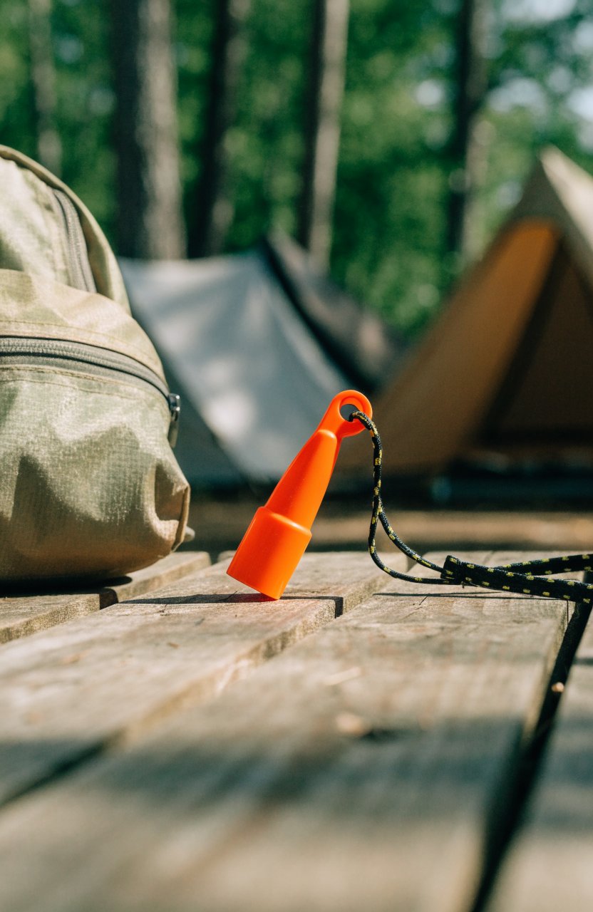 Safety whistle on a lanyard on a picnic table at a family campsite