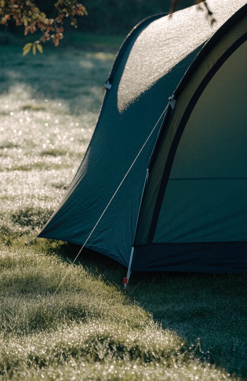 Tent corner with the footprint tucked under the floor so no tarp edge shows