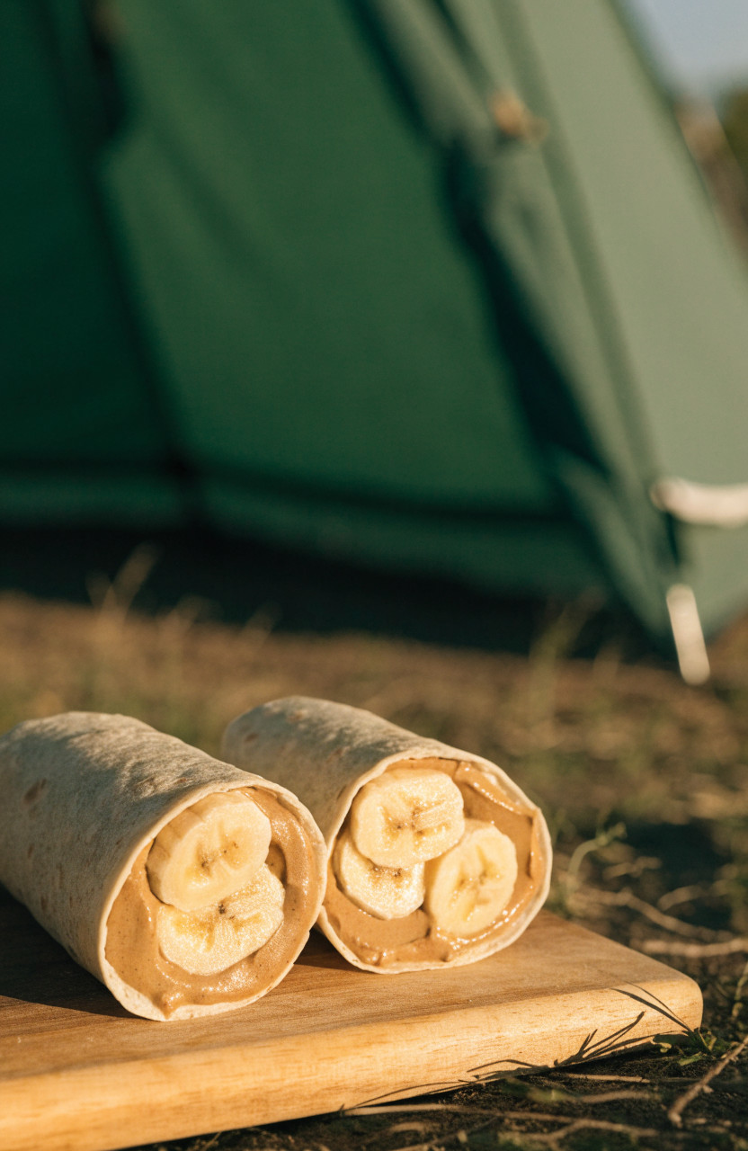 Peanut butter and banana wraps on a board at a tent campsite